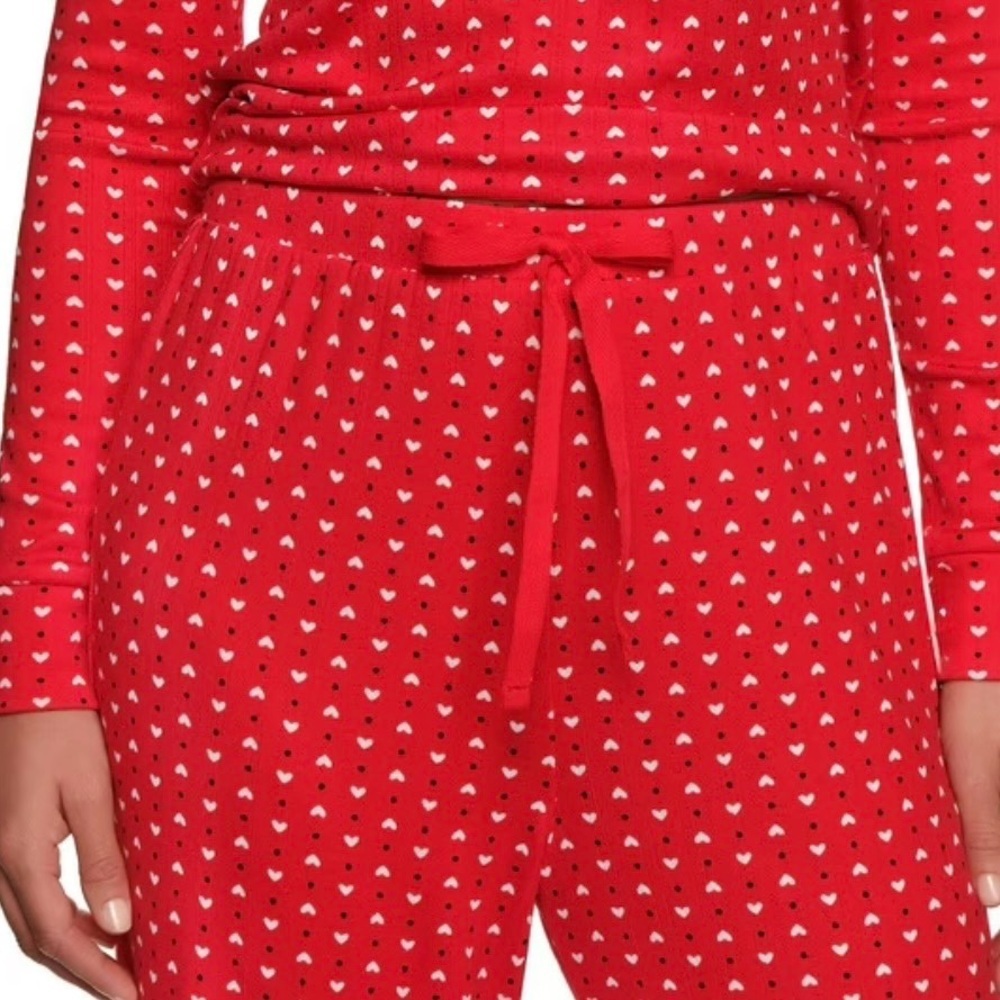 🤍LOFT Women’s Knit Henley Pajama Set Red with White Hearts, Elastic Waist - Picture 3 of 7